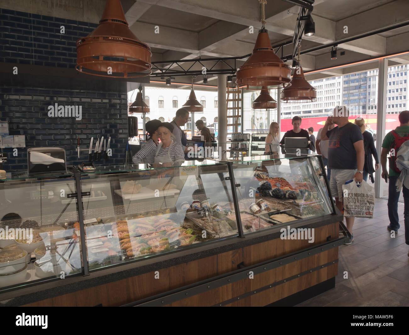 Fish and seafood market with restaurant opened at Aker Brygge in Oslo Norway in 2017, wide selection also with prepared food in the counters Stock Photo
