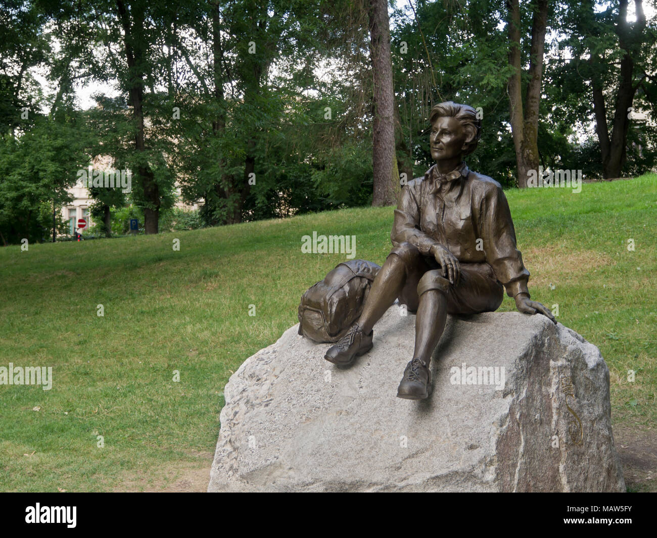 Statue of Queen Sonja in the Royal palace park in Oslo Norway, depicted hiking in the Norwegian mountains , a favorite recreation Stock Photo