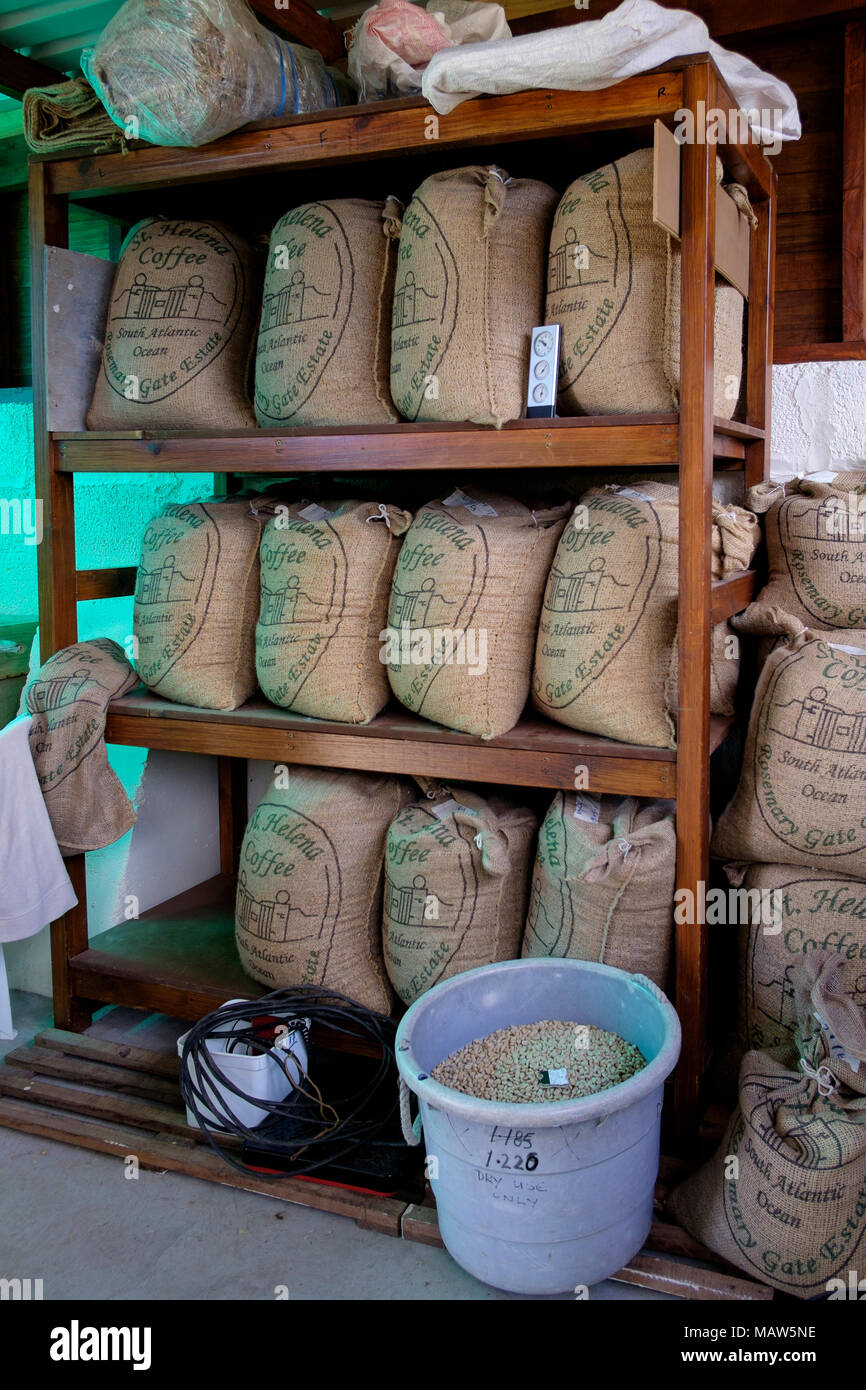 Sacks of roasted Saint Helena coffee beans, Rosemary Gate Estate coffee