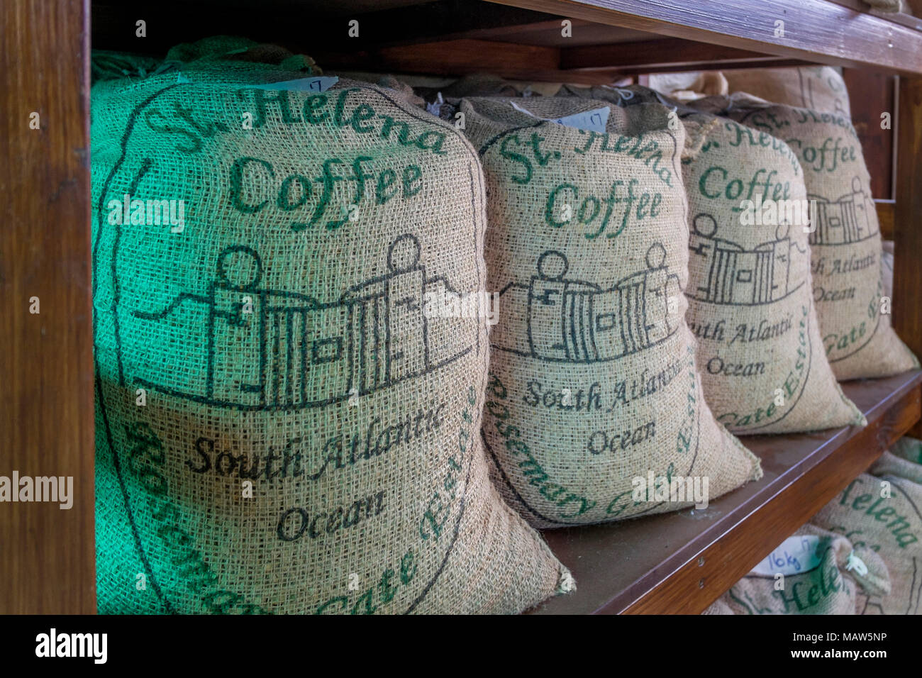 Sacks of roasted Saint Helena coffee beans, Rosemary Gate Estate coffee