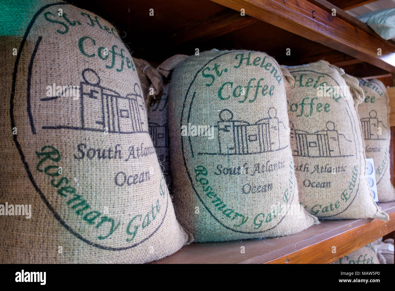 Sacks of roasted Saint Helena coffee beans, Rosemary Gate Estate coffee