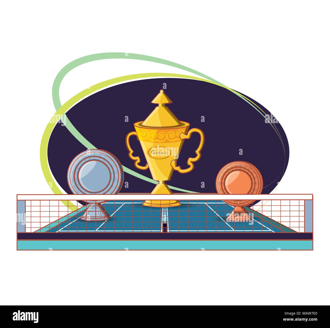 court of tennis sport with trophies vector illustration design Stock ...