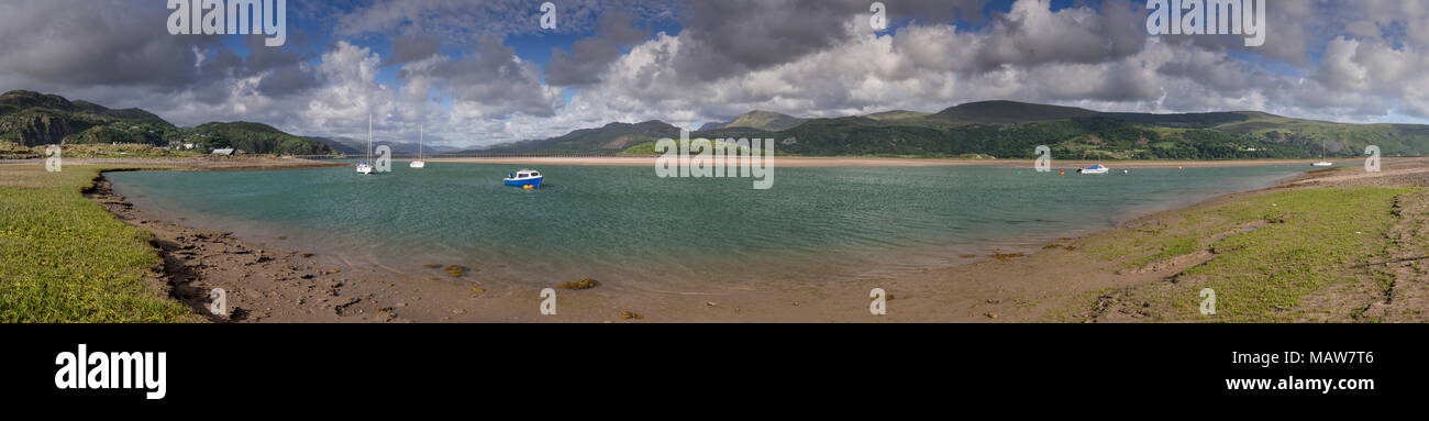 Panoramic view of the Mawddach Estuary, Snowdonia, at high tide Stock Photo