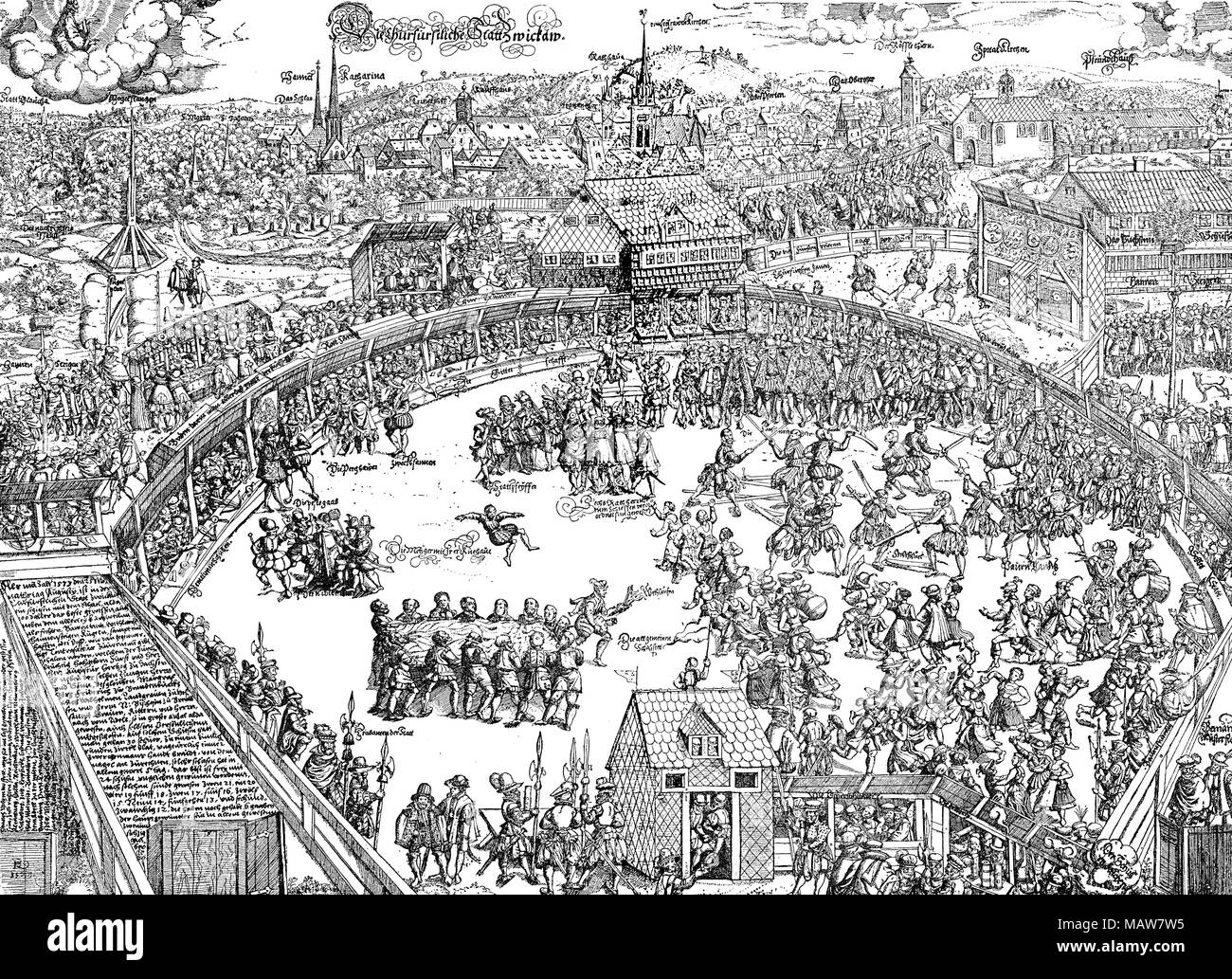 Middle Ages leasure time: the Zwickau shooting festival in 1573, vintage engraving Stock Photo