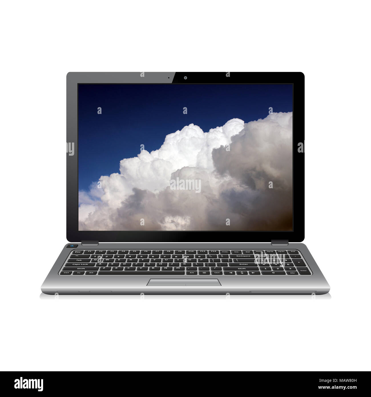 Laptop computer isolated on white with clouds on screen Stock Photo