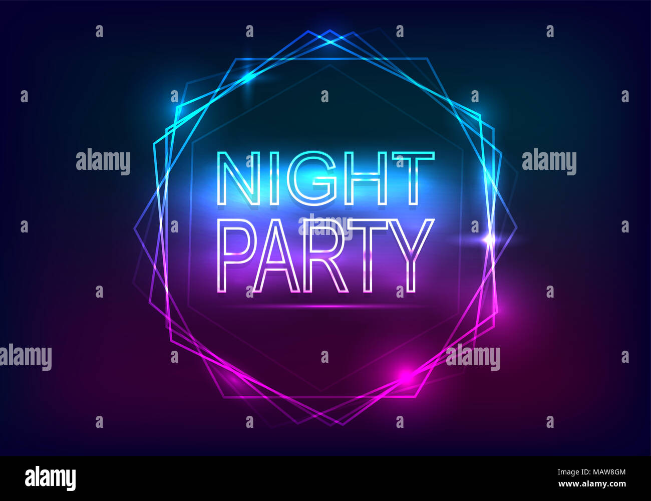 Night Party advertisement template. Neon style with rays of light and a frame of neon Stock Photo