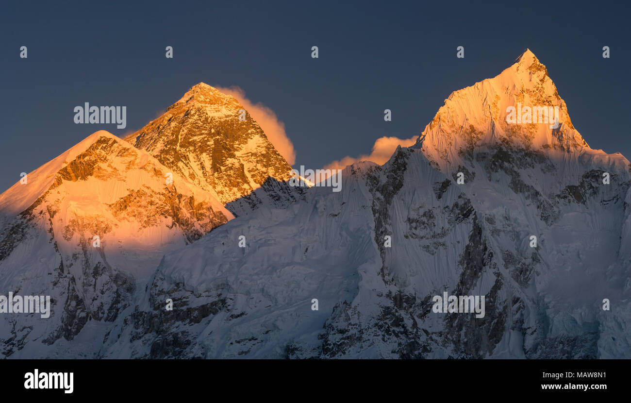 Nupste Summit Ridge Everest and Nuptse summits at sunset or sunrise. Everest base camp trek ...