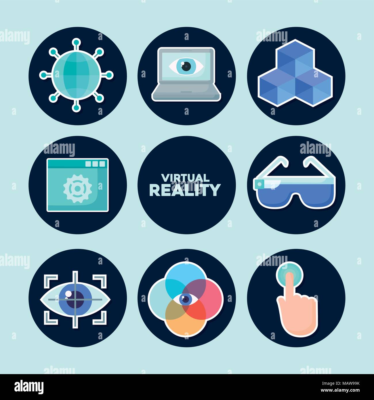 Icon set of virtual reality concept over blue circles and background ...