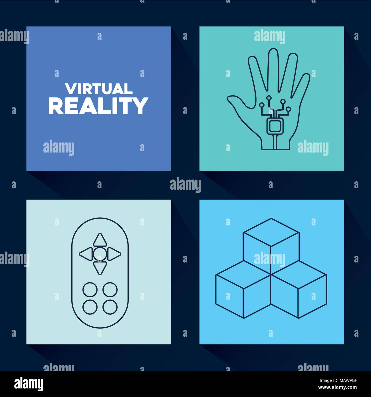 Icon set of virtual reality concept over colorful squares and blue ...
