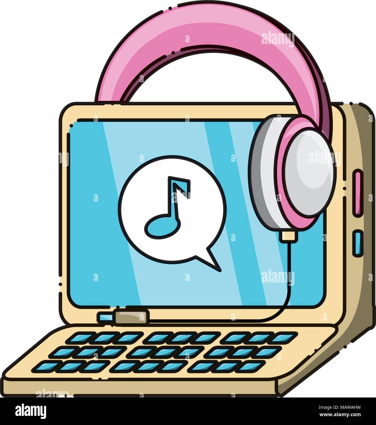 Laptop computer with headphones icon over background, colorful design ...