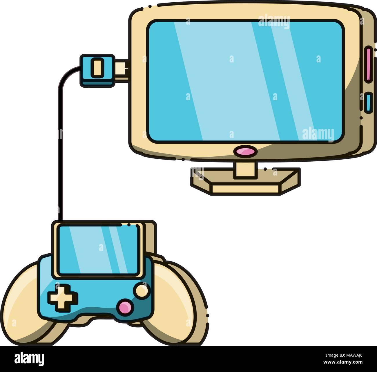 portable videogame connected to computer over white background, vector ...