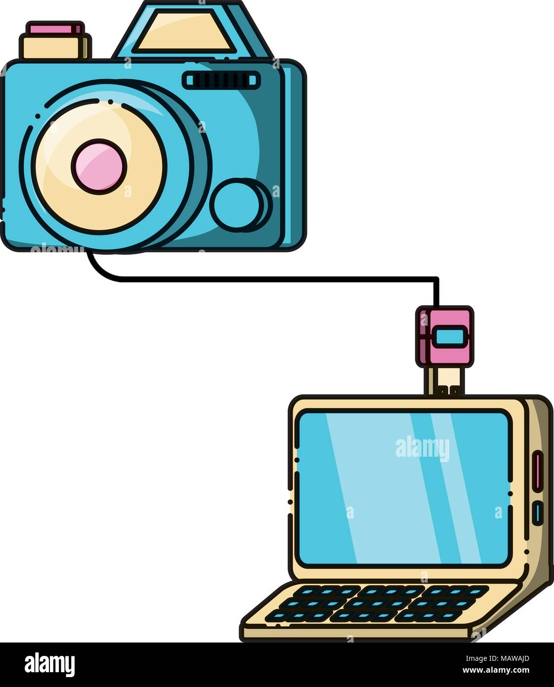 camera plugged into a laptop over white background, colorful design ...