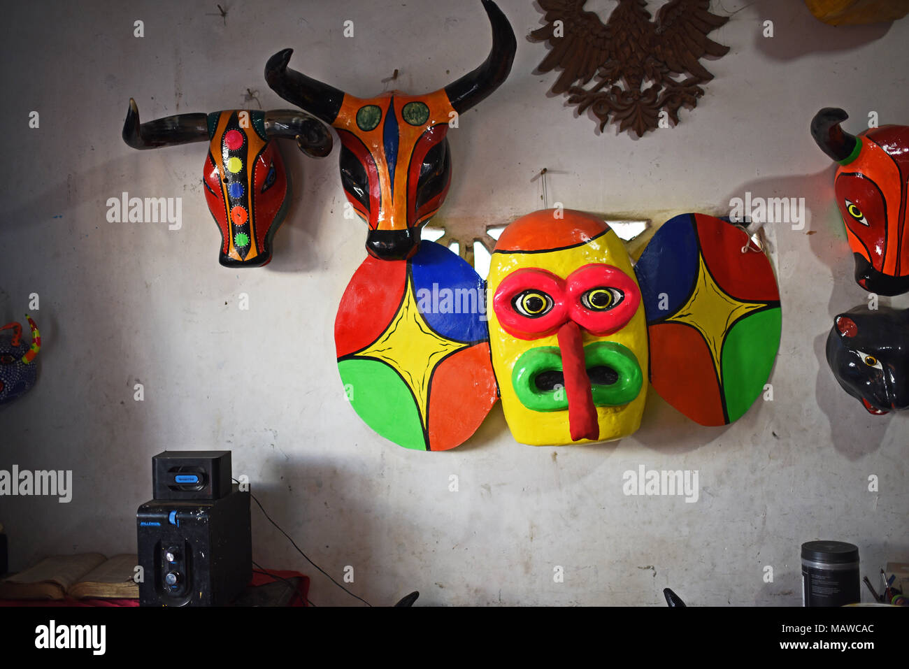 Handmade masks and crafts workshop, studio and shop in Barranquilla, Colombia. Stock Photo