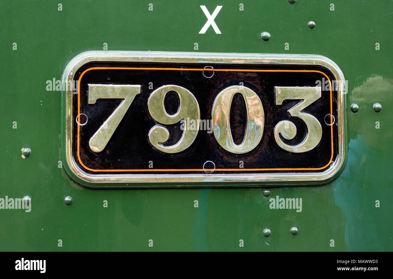 GWR Hall Class 'Foremarke Hall' steam locomotive number, Gloucestershire and Warwickshire Steam Railway, UK Stock Photo
