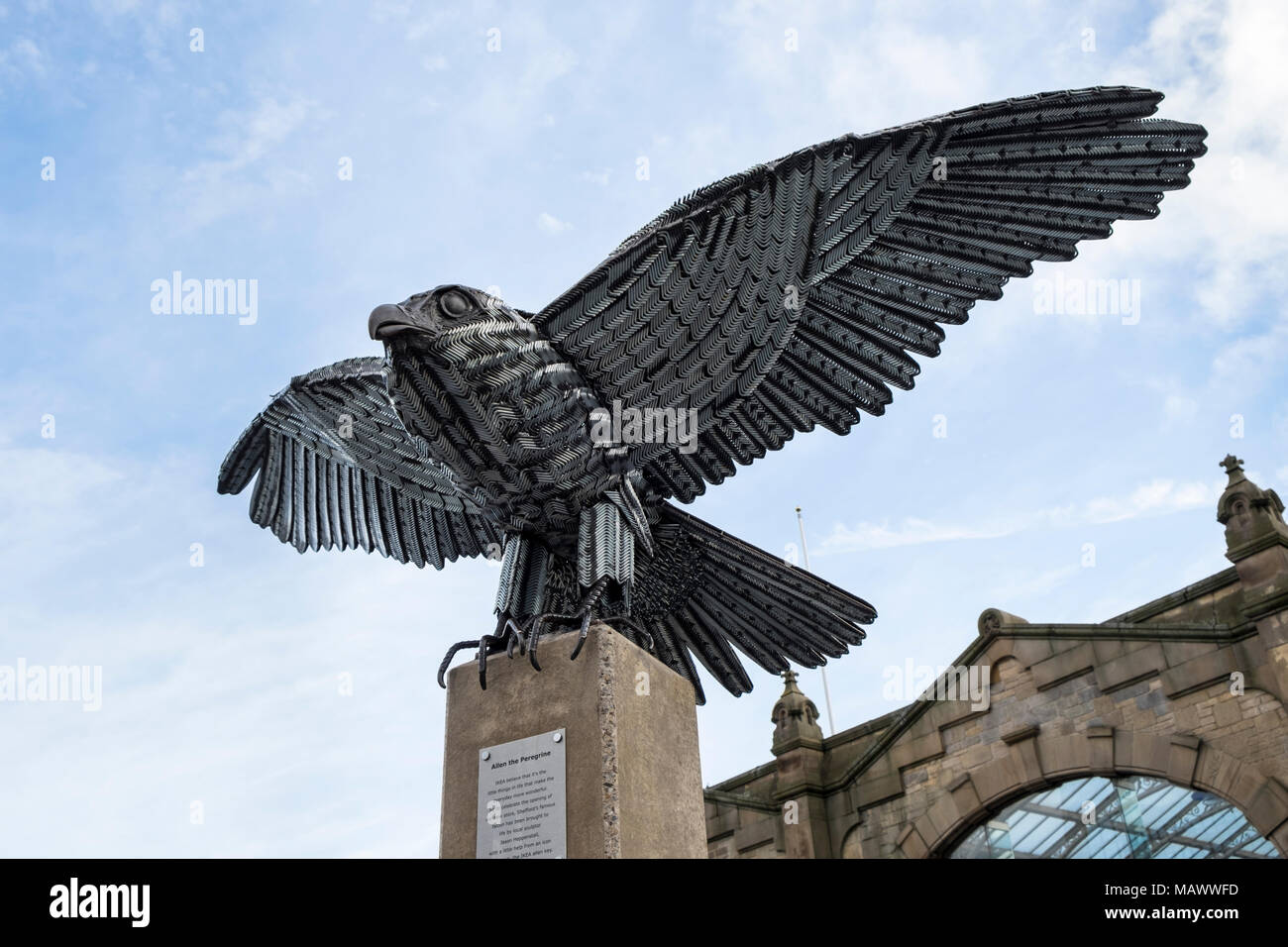 Allen the Peregrine Falcon, a bird sculpture made from IKEA allen keys, Sheffield, England, UK Stock Photo
