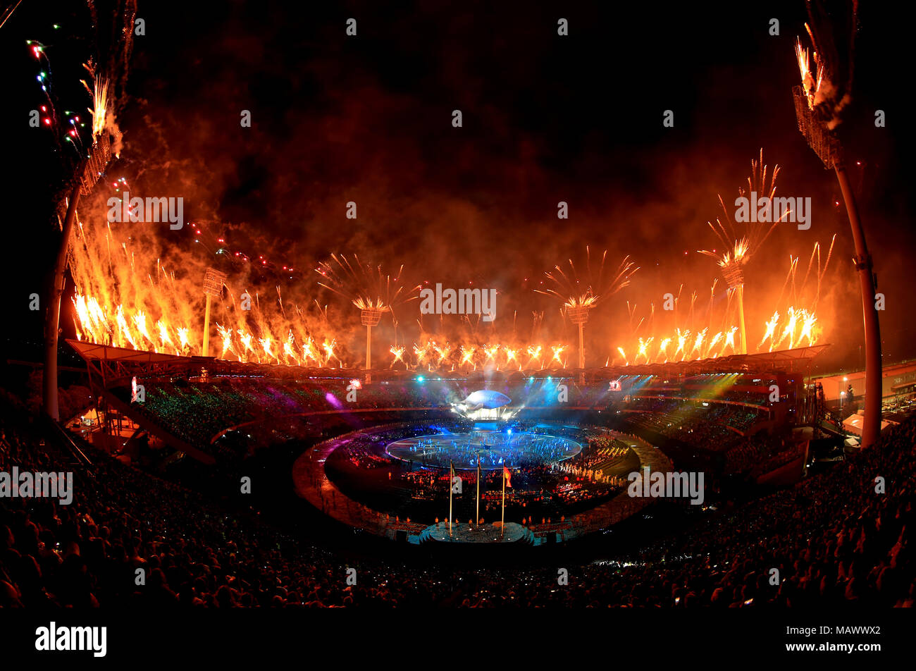 Fireworks are set off as the final performance takes place during the Opening Ceremony for the 2018 Commonwealth Games at the Carrara Stadium in the Gold Coast, Australia. Stock Photo