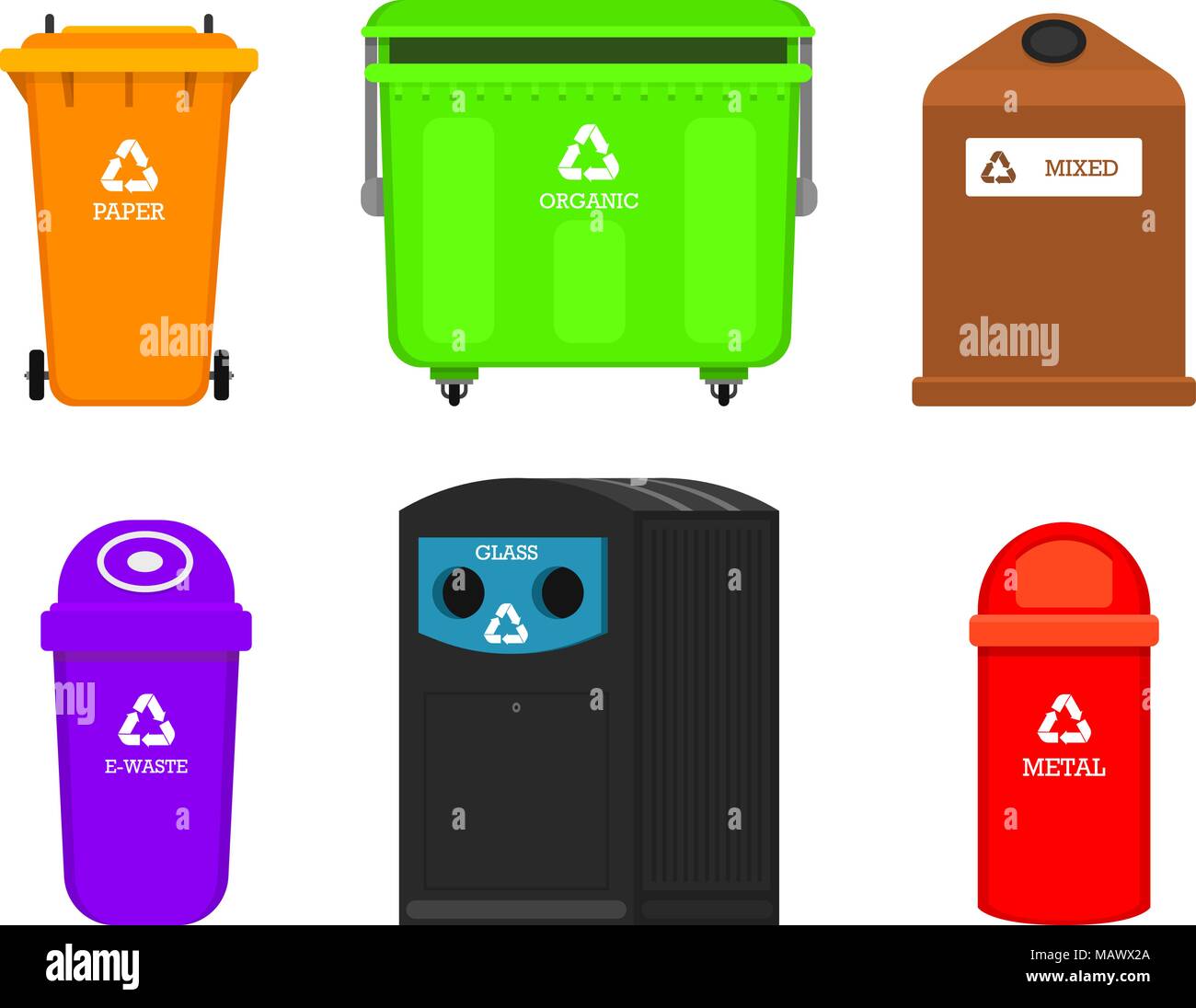 Recycling garbage elements. Bag or containers or cans for different trashes. Sorting and Utilize ...