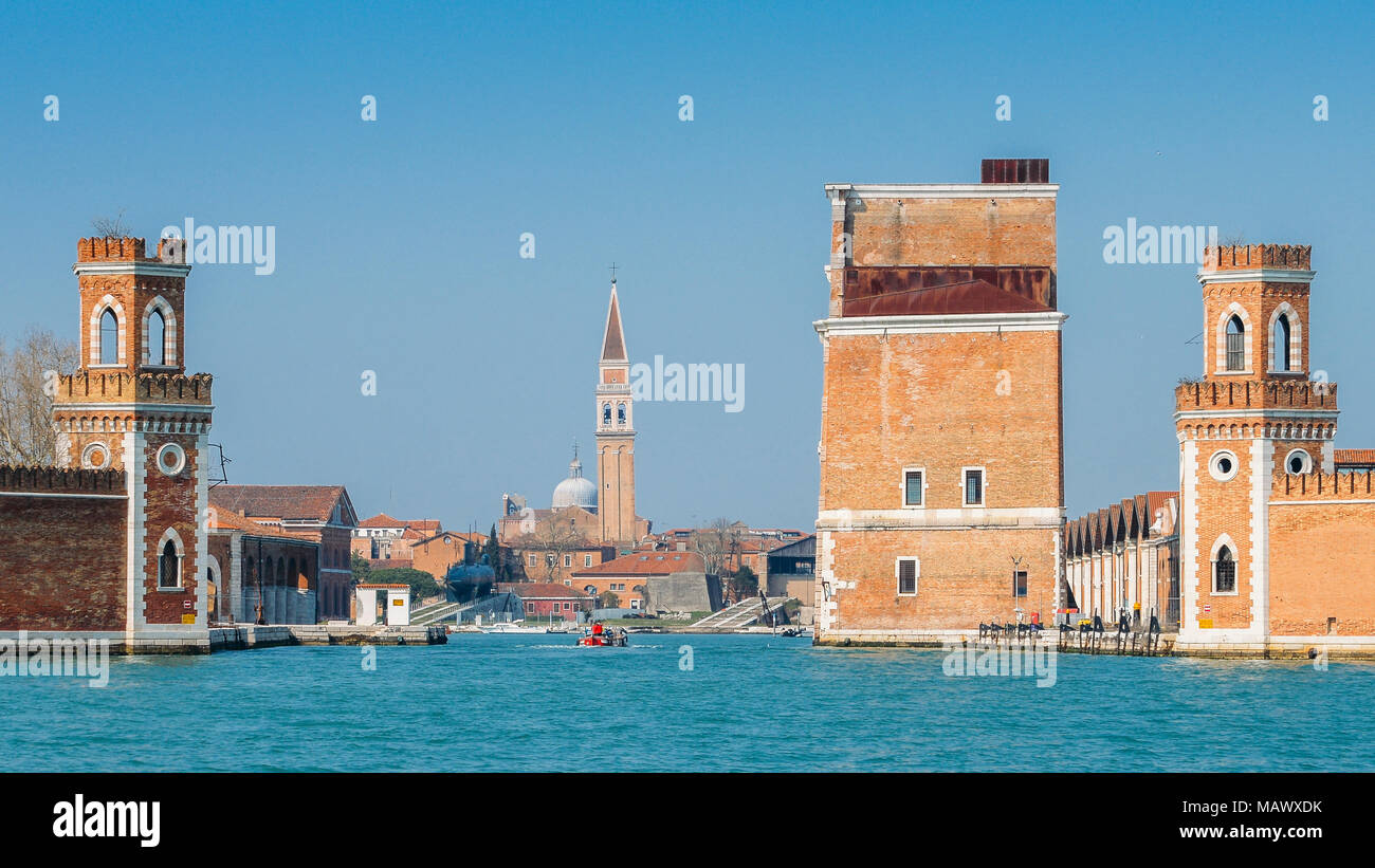 Venice, Arsenale historic shipyard, Gate and Canal View. Stock Photo