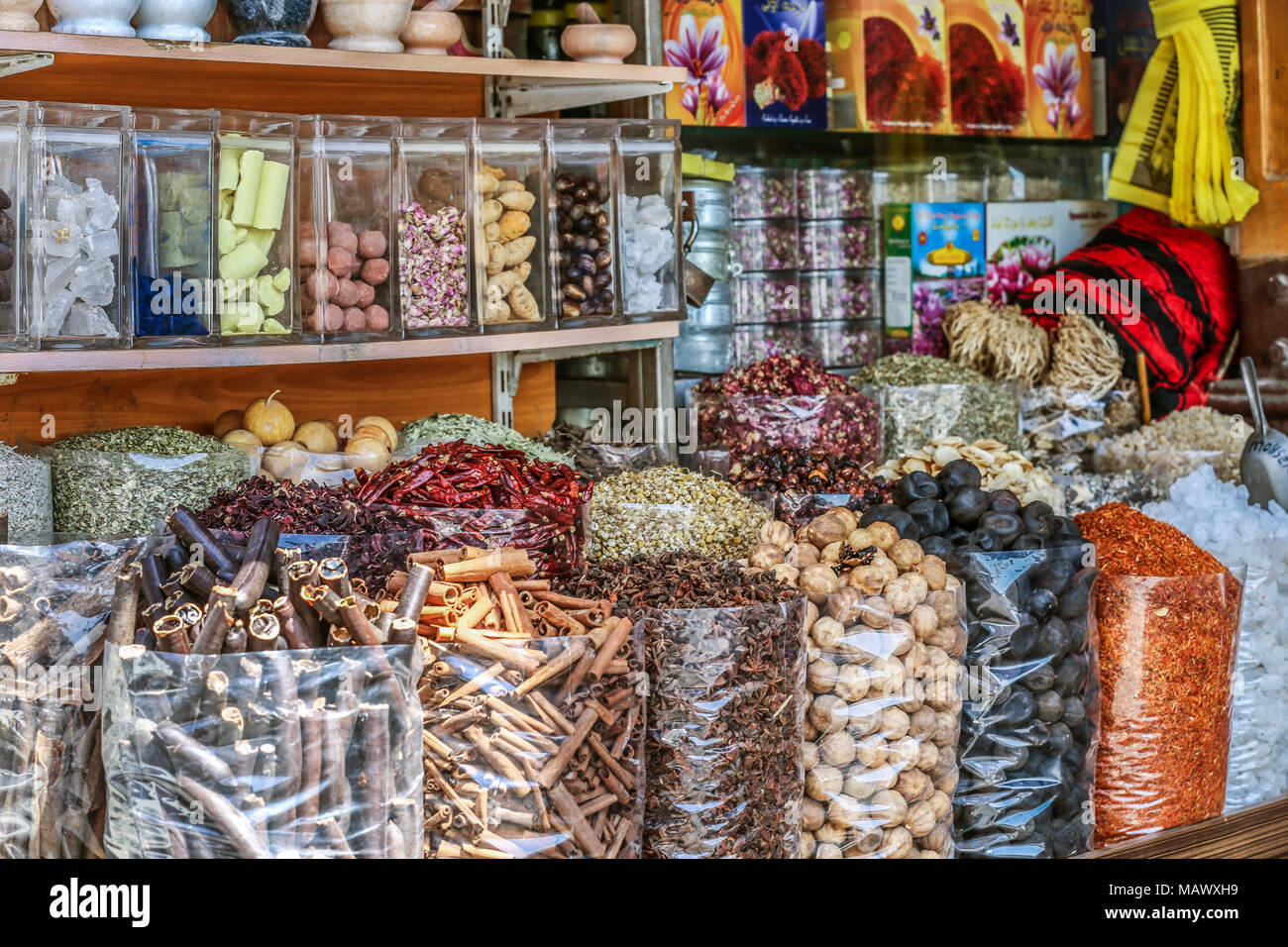 Arabic Spices, herbs & Nuts at a market Shop In Bazaar Souq In Dubai