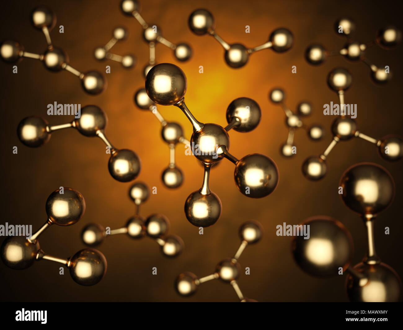 Gold molecules model science concept. Reflective golden abstract