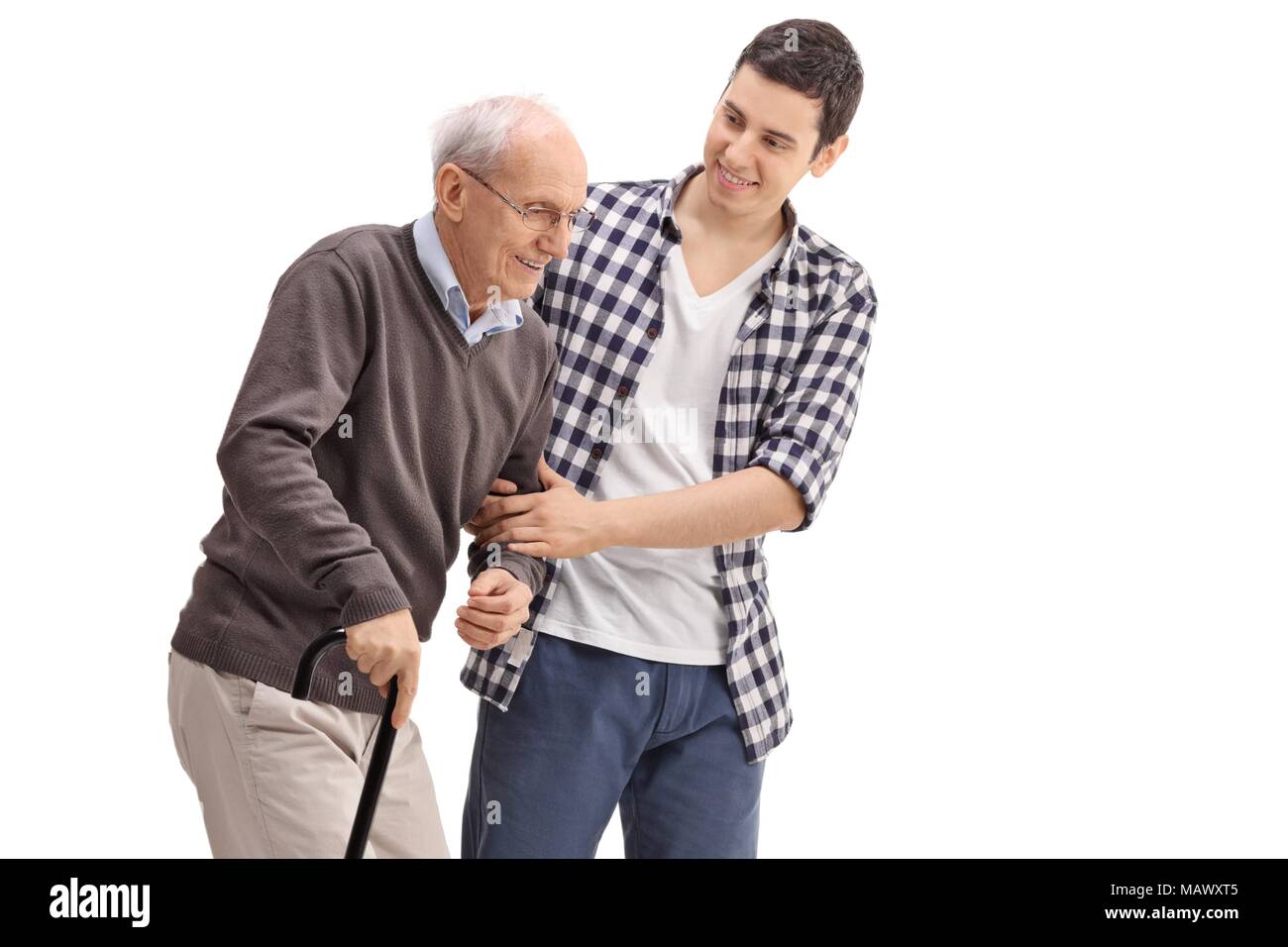 Young man helping a senior isolated on white background Stock Photo - Alamy
