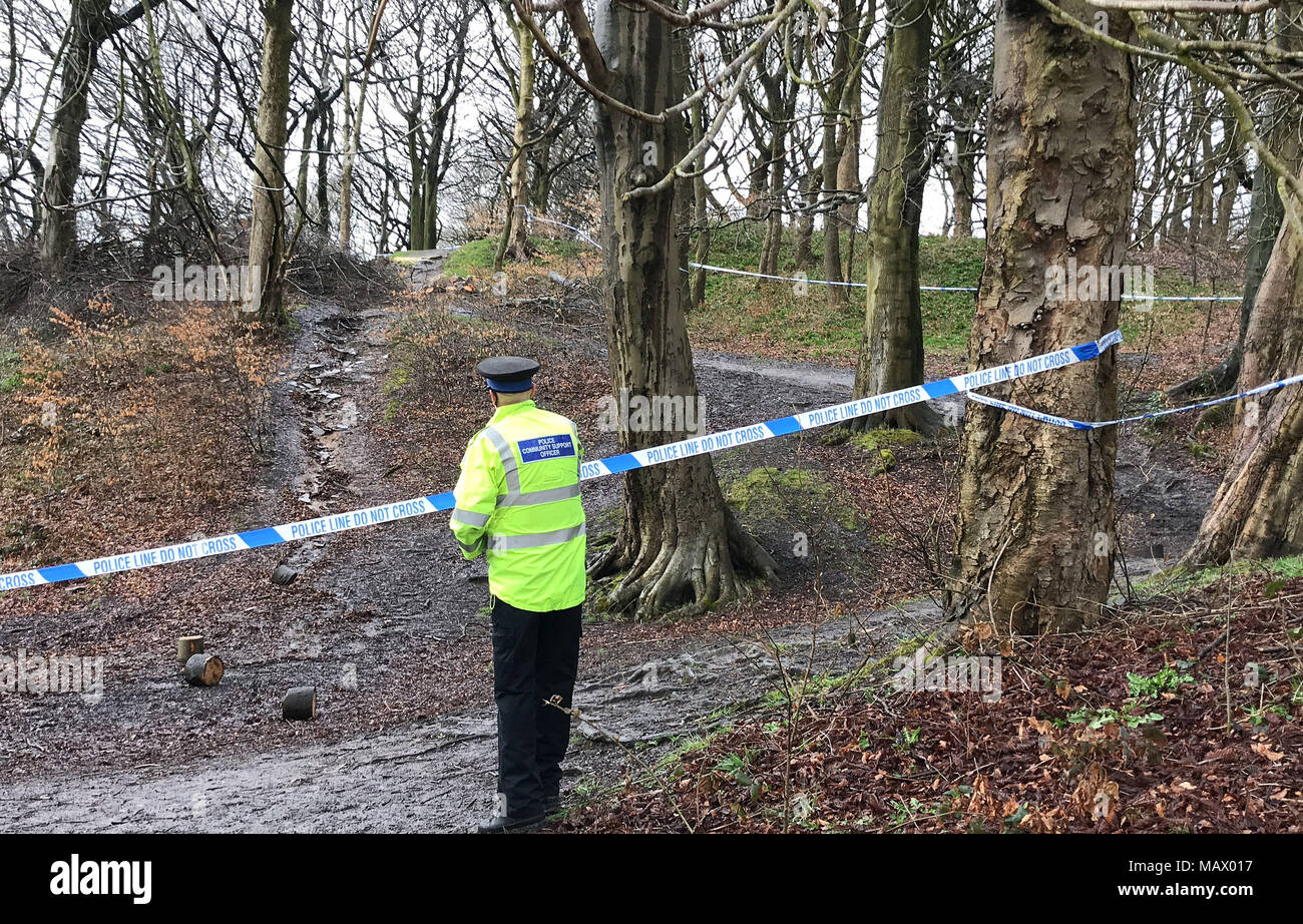 Police at the scene in Roch Valley Woods in Heywood, Greater Manchester, after the body of a newborn baby was found. Stock Photo