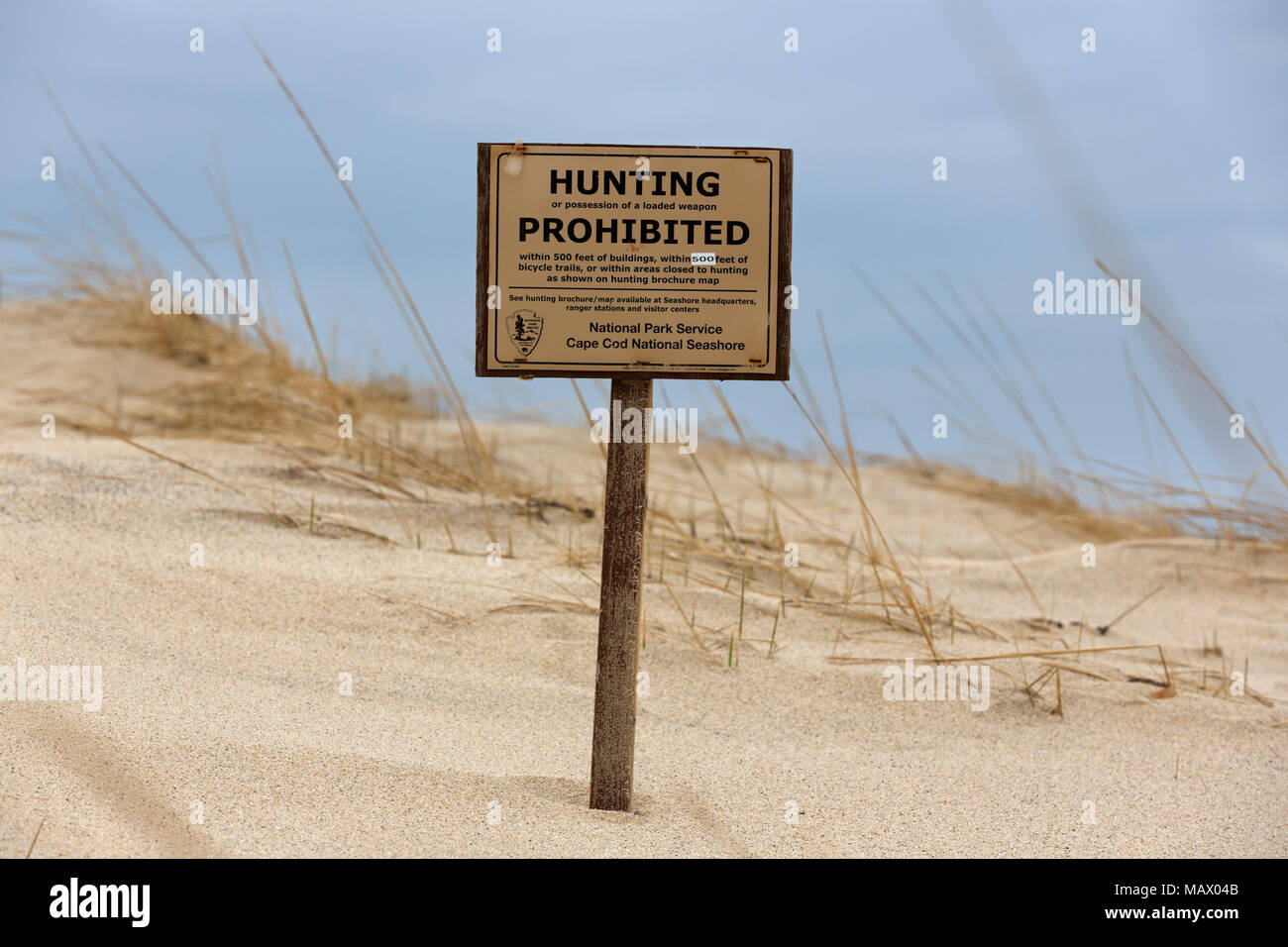 No hunting sign, winter off season, Cape Cod National Seashore, Race