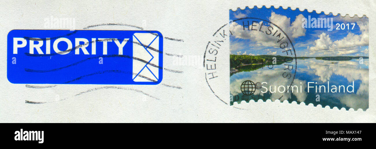 GOMEL, BELARUS, 8 DECEMBER 2017, Stamp printed in Finland shows image of the Nature Finland, circa 2017. Stock Photo