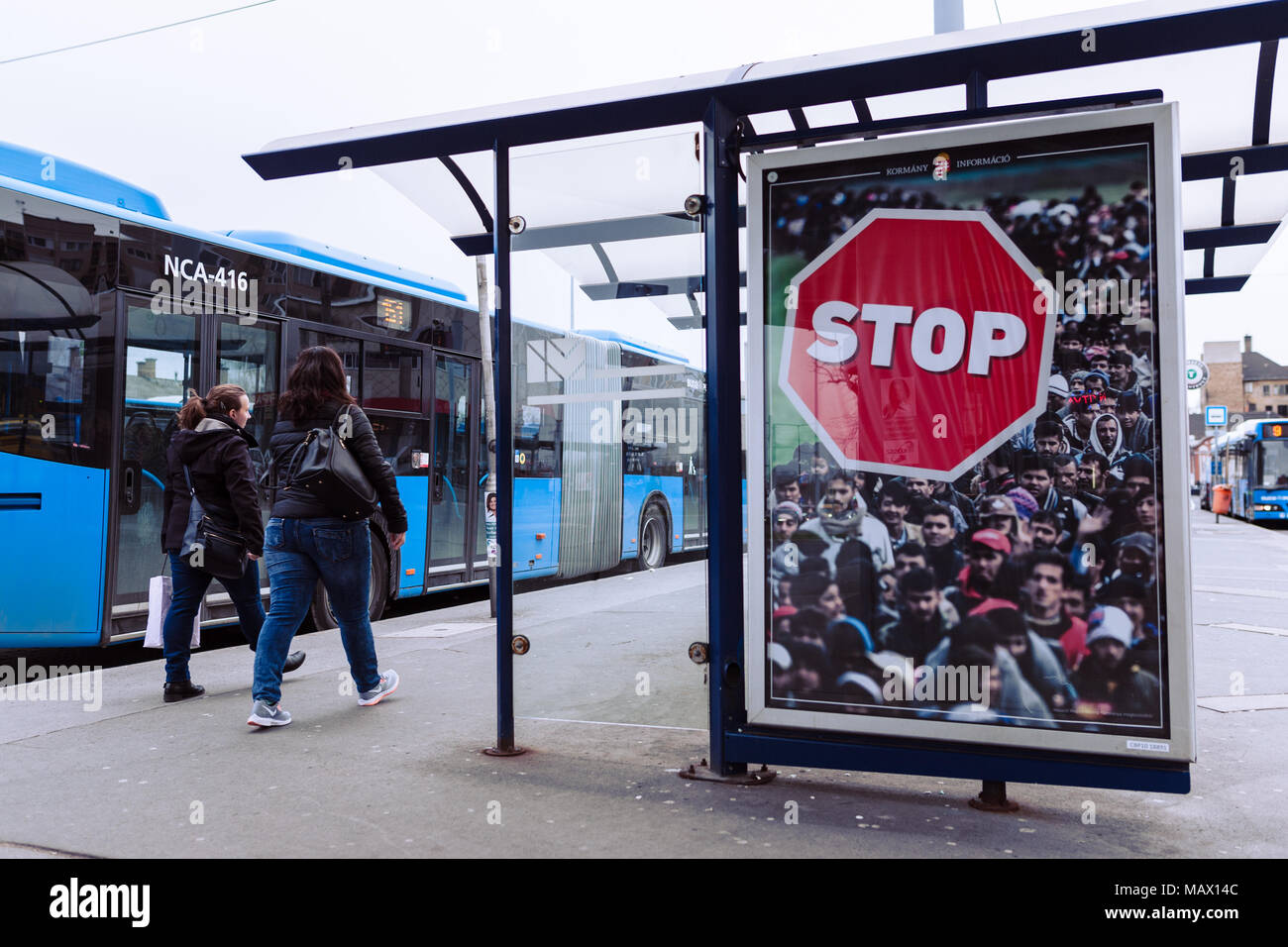 Budapest, HUNGARY - April 4, 2018: Hungarian government billboard anti-immigration campaign, say STOP the refugees immigration. Stock Photo