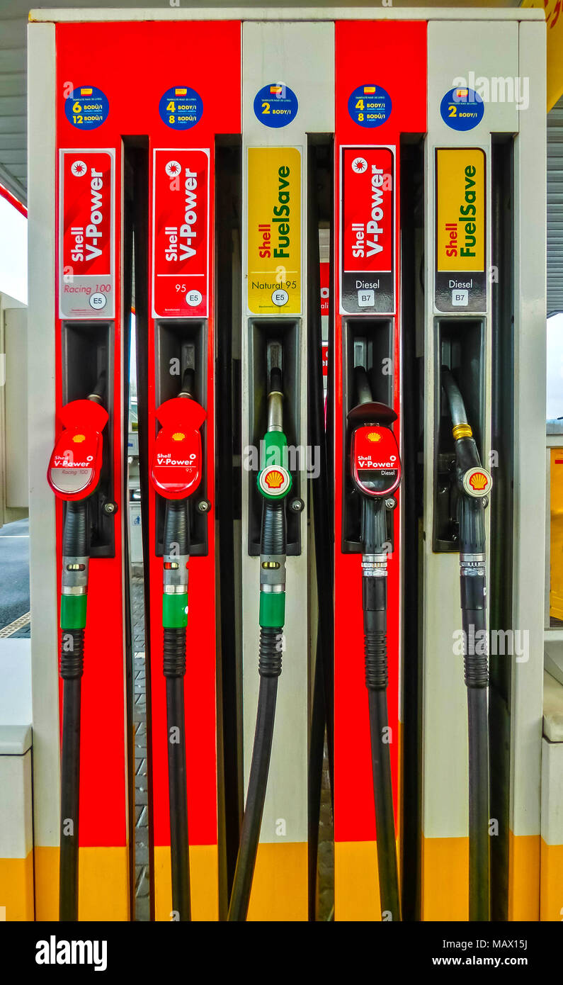 Prague, Czech Republic January 2, 2018 Filling nozzles at a Shell