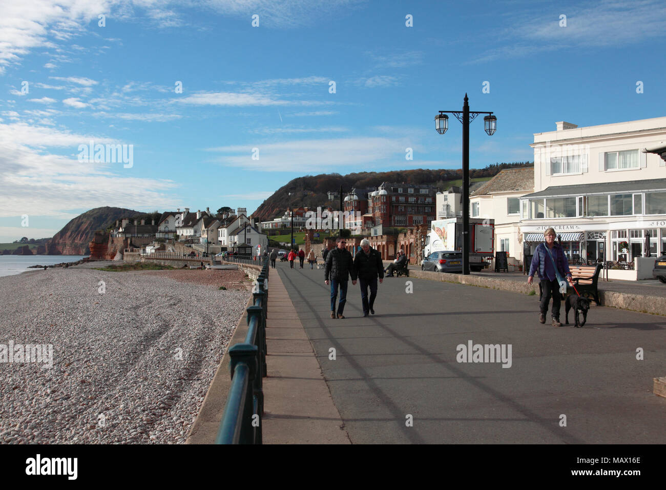 The promenade and beach at Sidmouth, Devon in late November, looking west Stock Photo
