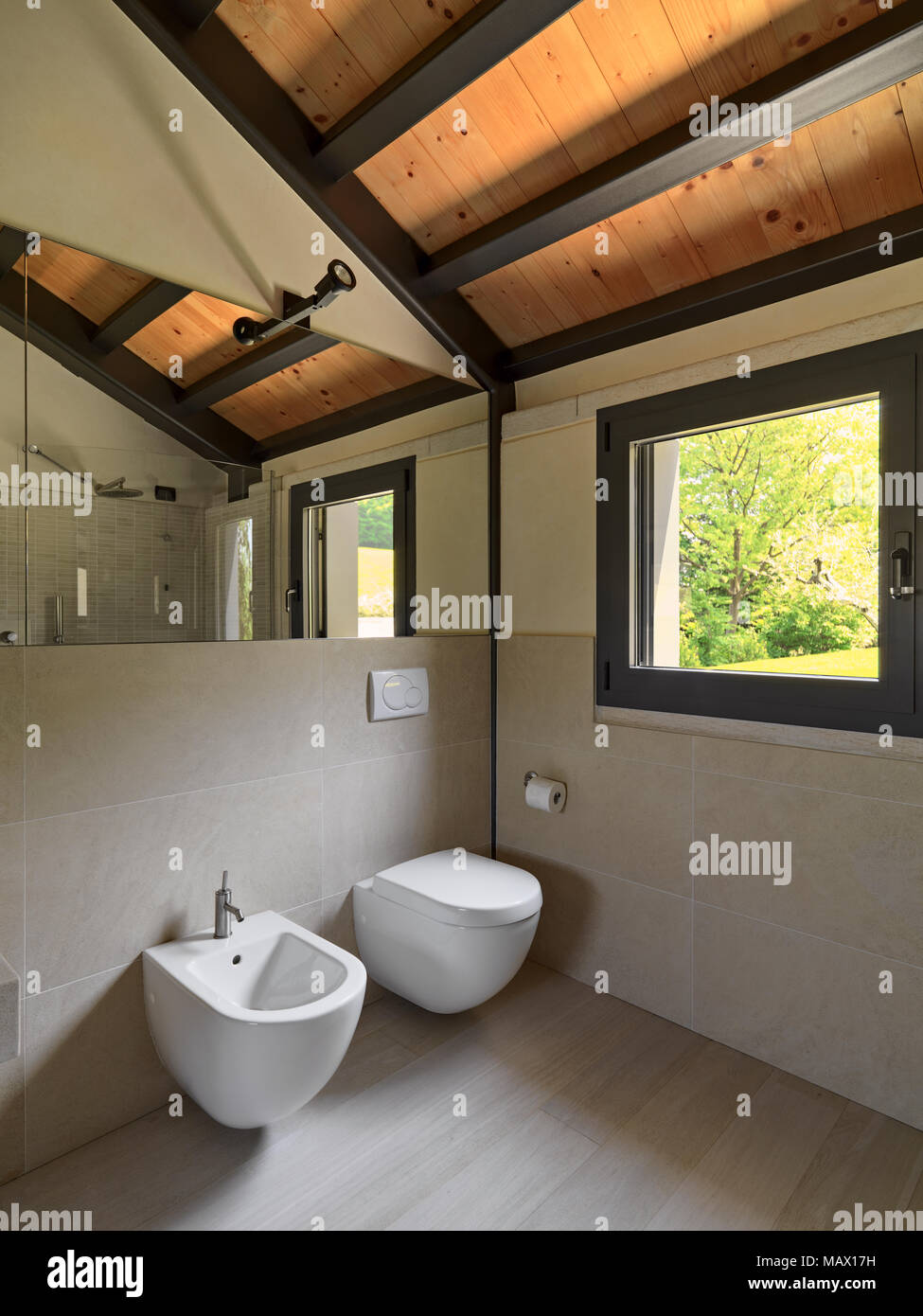 interiors shots of a modern bathroom, in the foreground the toilet bowl and the bidet the floor is made of wood Stock Photo