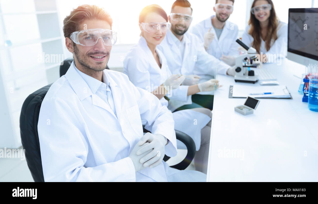 head of the scientific project and research team at the workplace Stock Photo