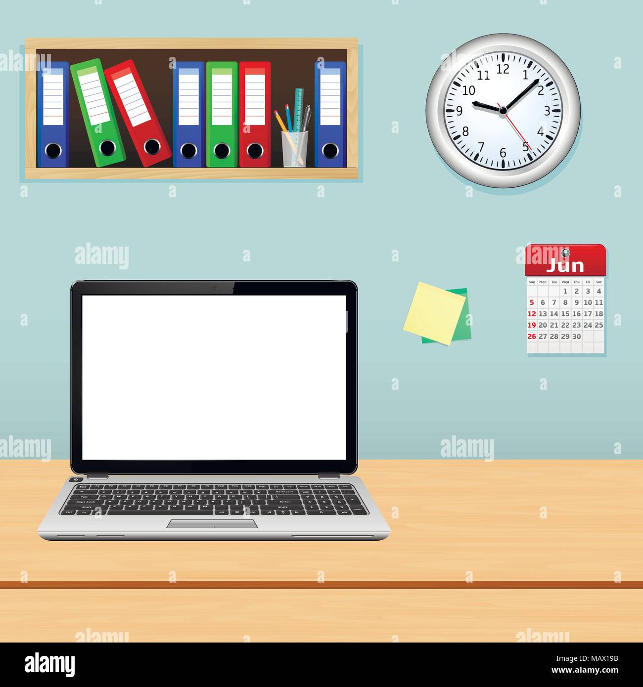 Modern office interior with designer desktop. Vector illustration. Stock Vector