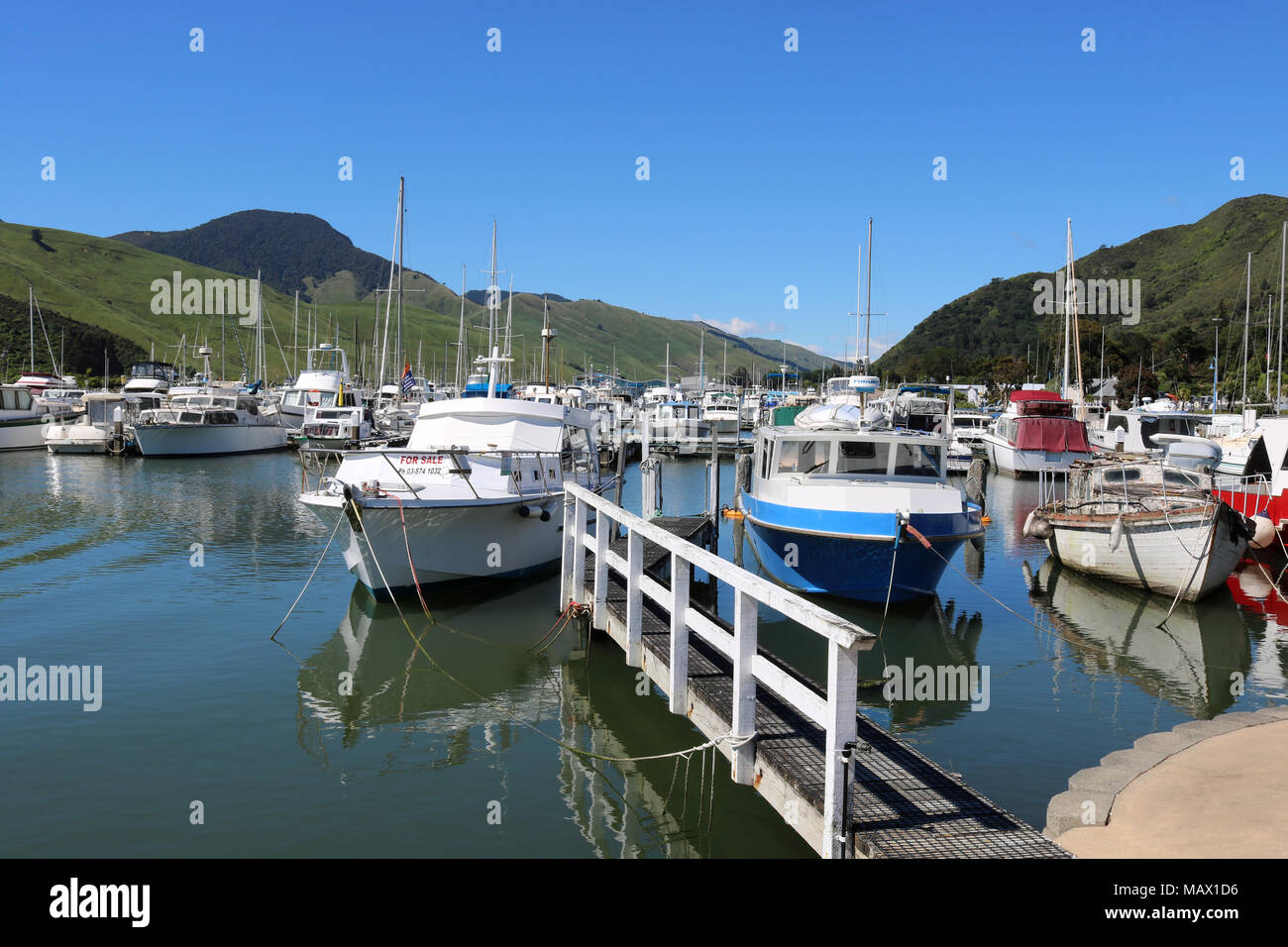 View of boats and yachts in the marina at Havelock on Pelorus Sound, Marlborough region, South Island, New Zealand Stock Photo