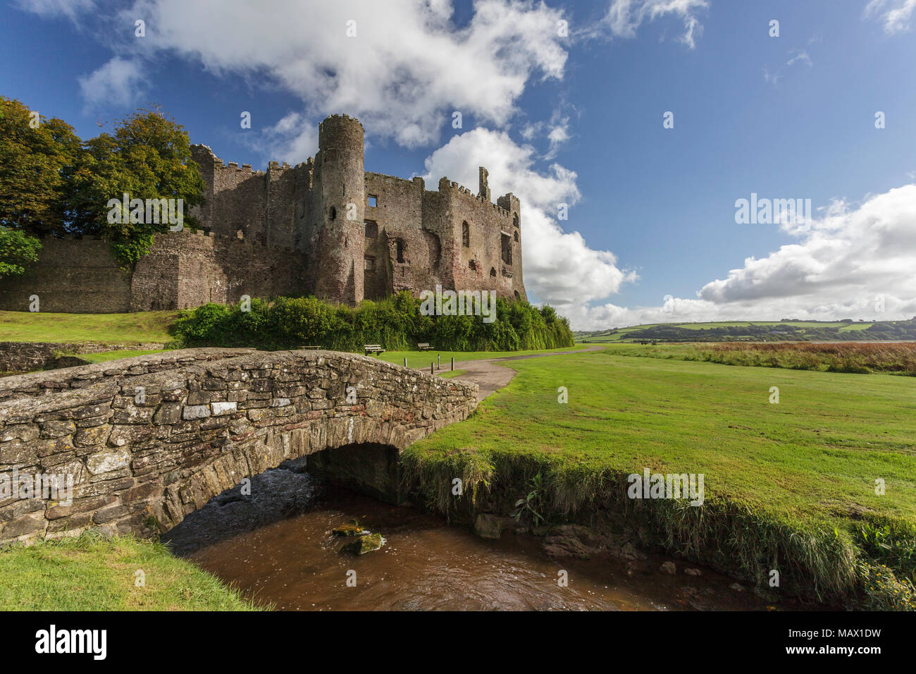 Laugharne Castle and bridge, Carmarthenshire Stock Photo