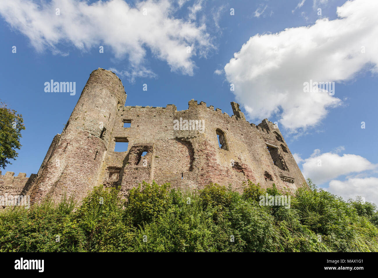 Looking up at the ruins of Laugharne Castle Stock Photo