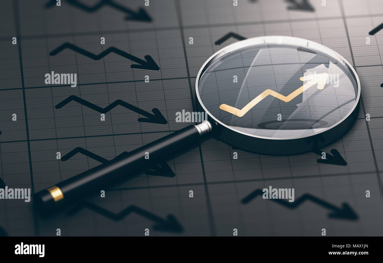 3D illustration of a magnifying glass over a golden positive chart ...