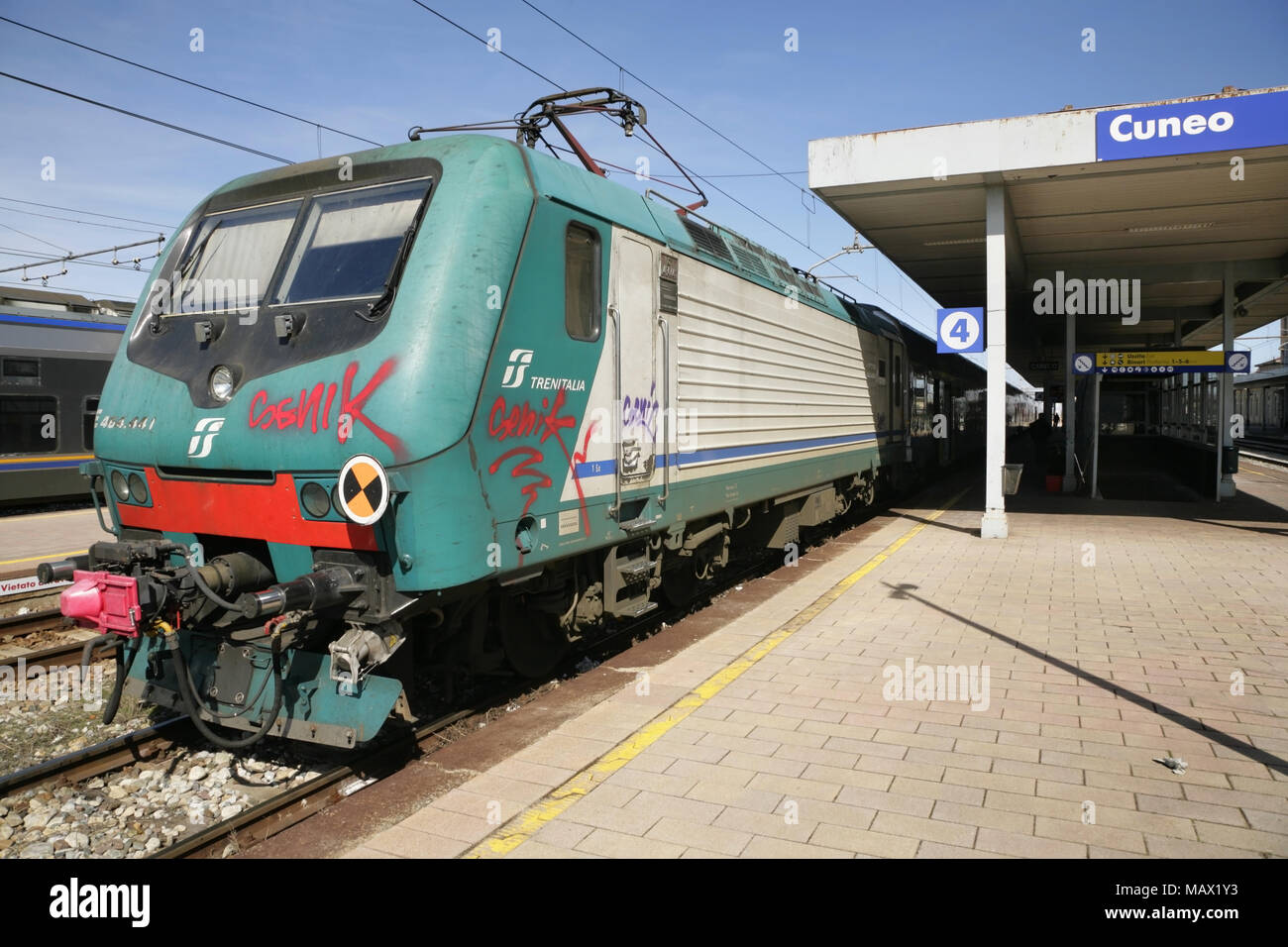 Italian railways class 464 electric locomotive waiting at Cuneo station. - Stock Image