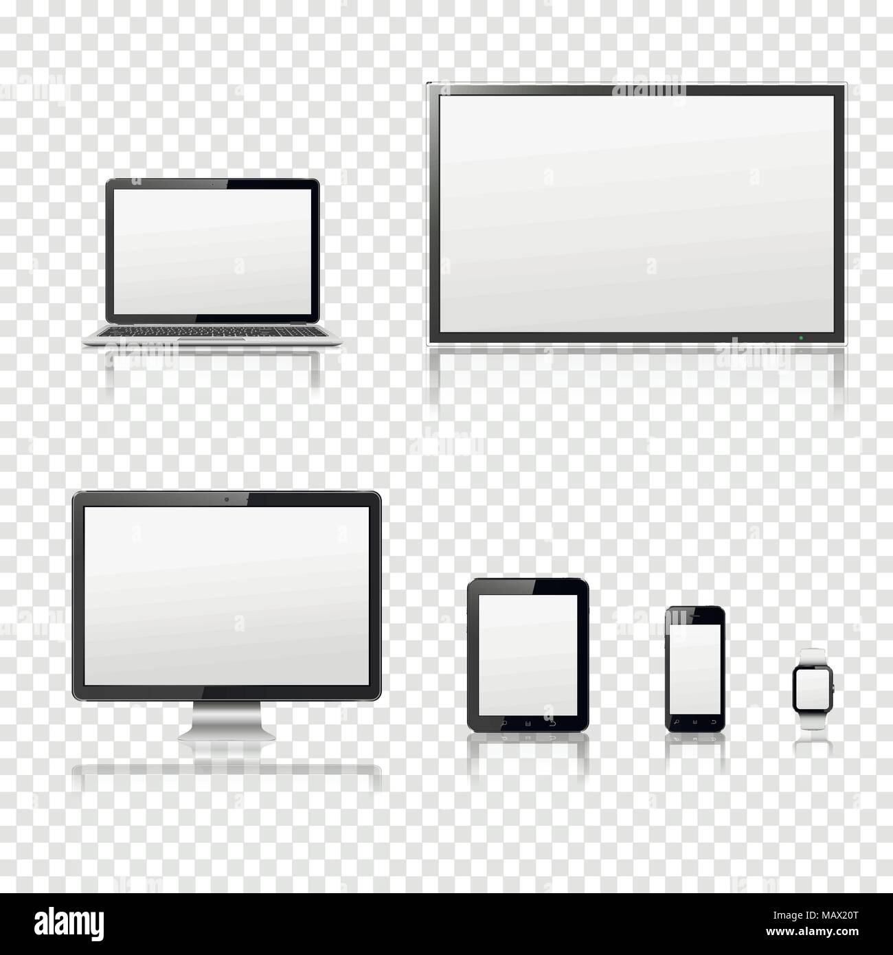TV screen, lcd monitor, notebook, tablet computer, mobile phone, smart watch isolated on transparent background Stock Vector
