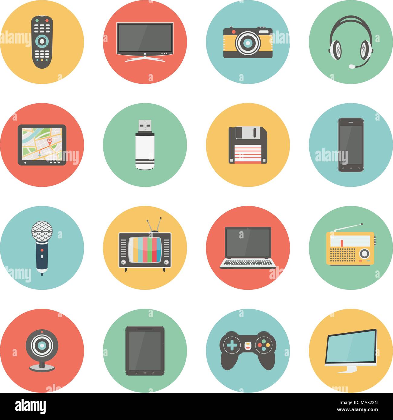 Flat icons set of multimedia and technology devices, audio and video items  and objects Stock Vector Image & Art - Alamy