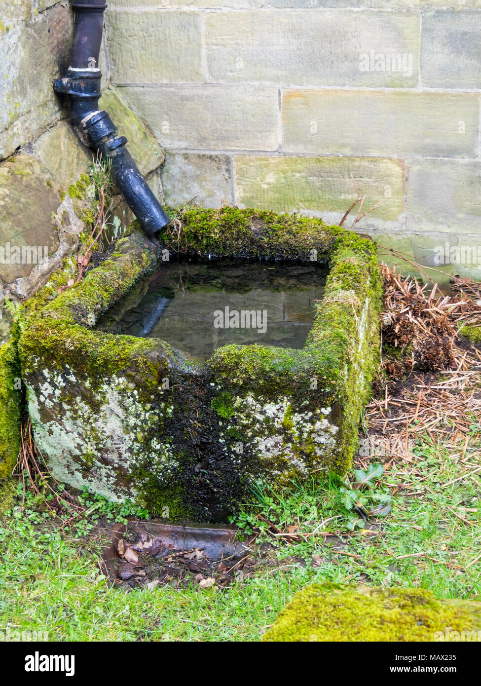 An ancient stone drinking trough in Danby churhyard in North Yorkshire filled with rain water piped down from the roof Stock Photo