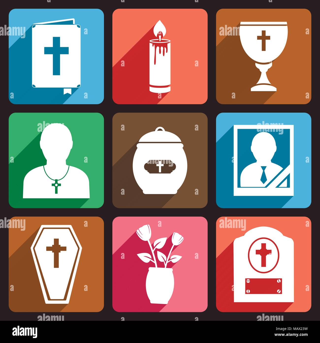 Funeral vector flat icons with long shadow Stock Vector