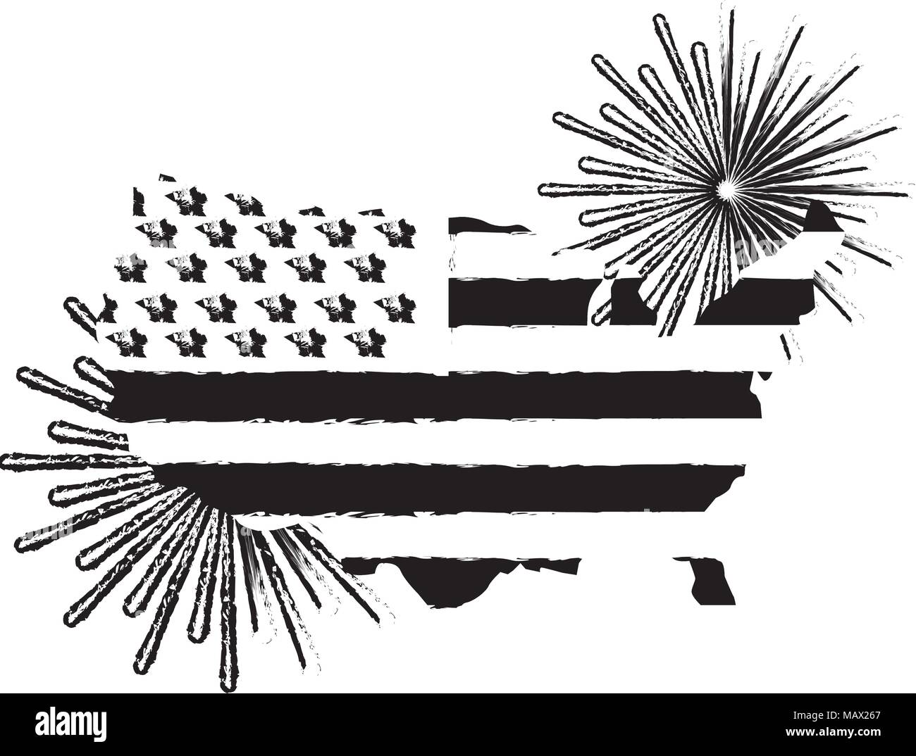 american flag on map with pyrotechnics Stock Vector