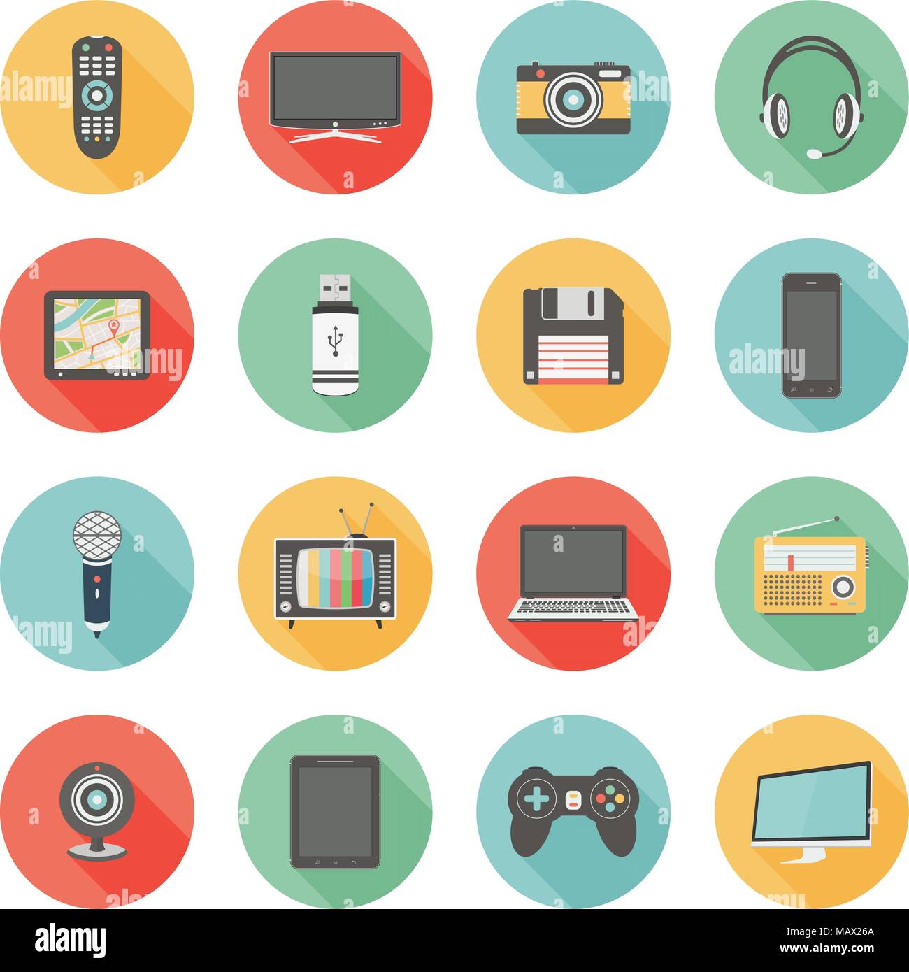 Technology and multimedia flat icons with long shadow Stock Vector