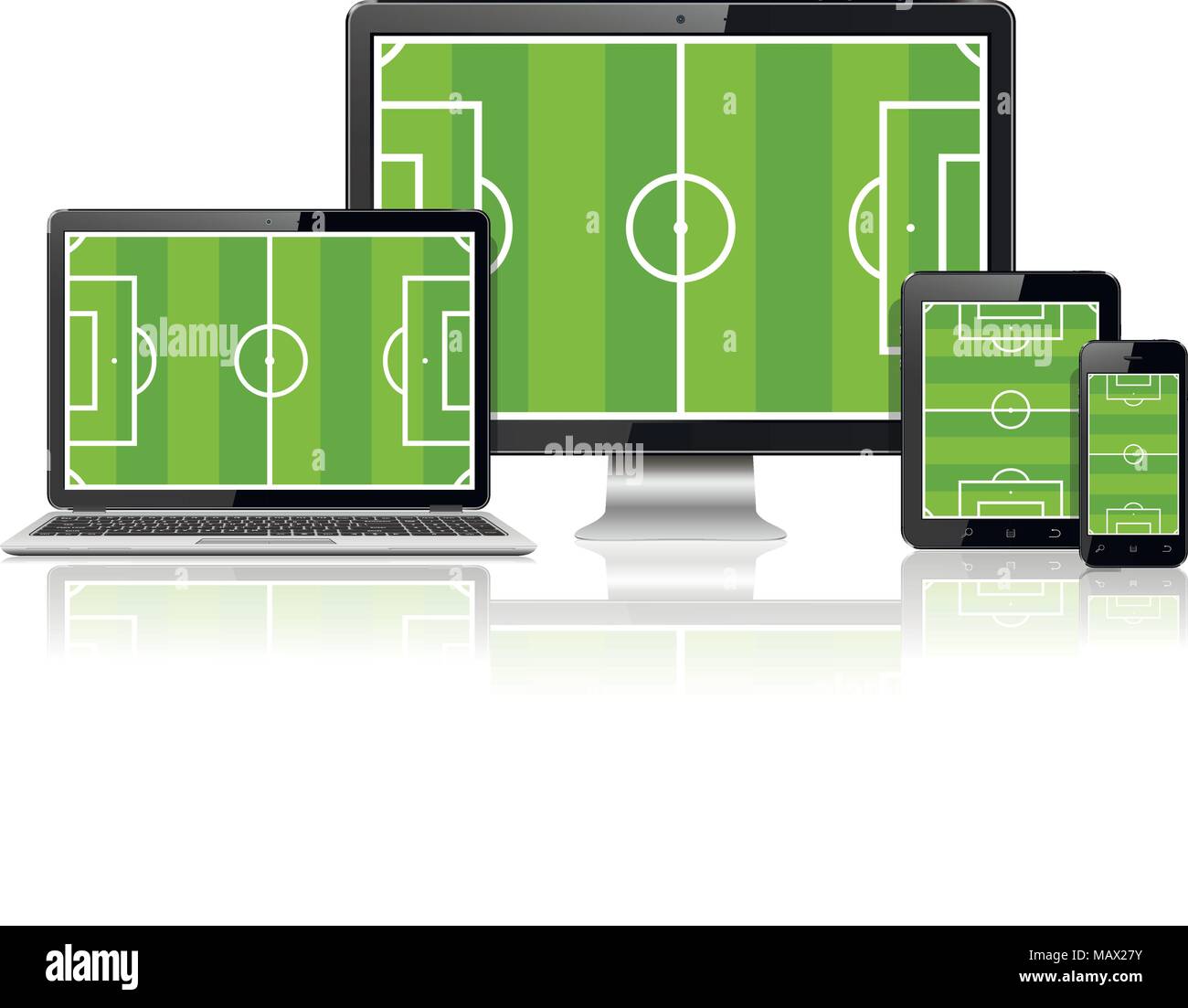 TV screen, lcd monitor, notebook, tablet computer, mobile phone and smart watch with soccer field on screen. Stock Vector