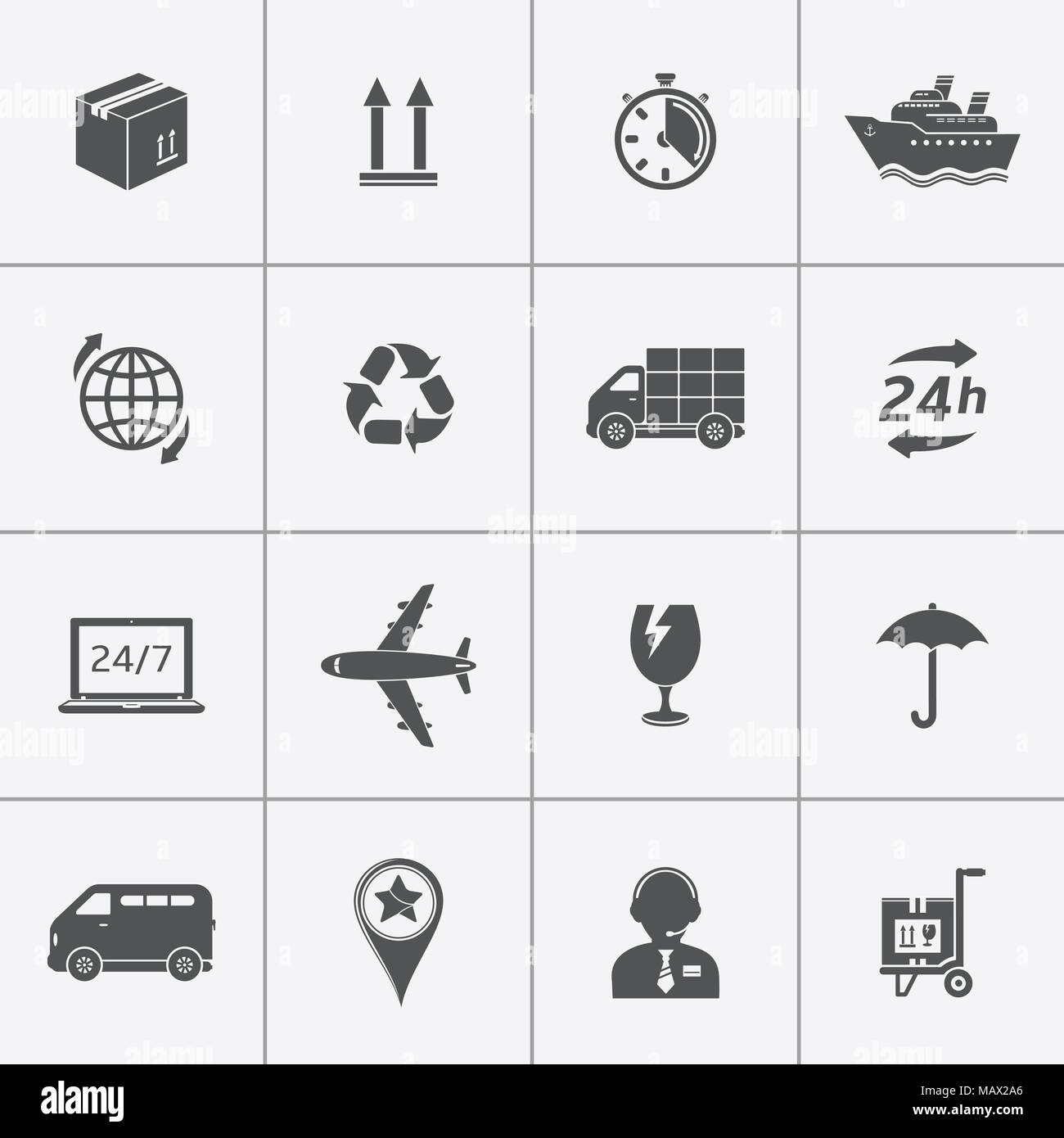 Delivery, shipping and transportation icons in grey color. Vector illustration Stock Vector