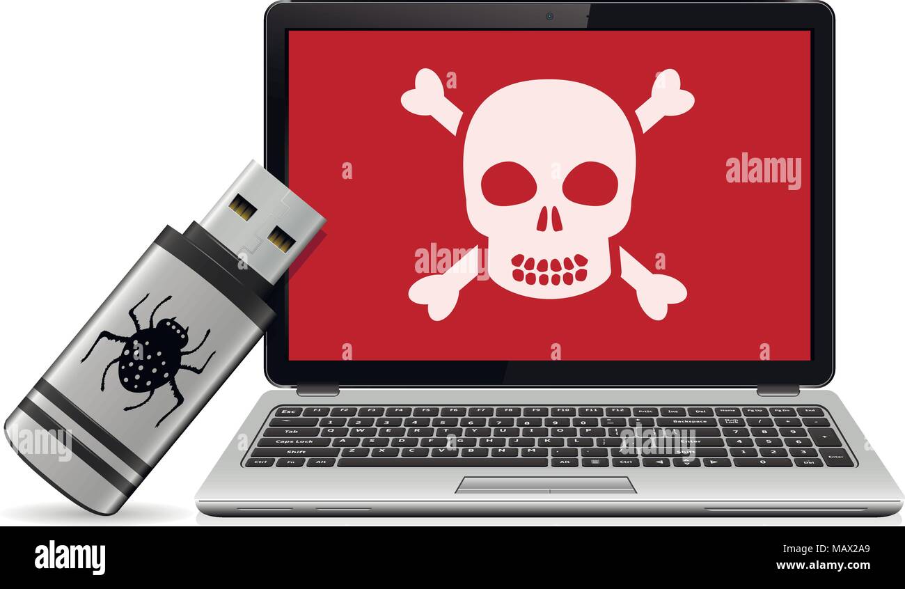 USB flash drive with computer virus and infected laptop. Vector illustration. Stock Vector