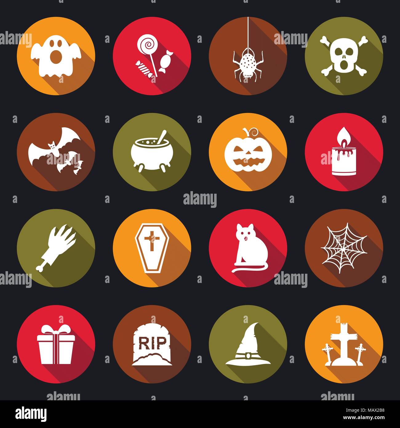 Halloween flat icons set with long shadow. Vector illustration. Stock Vector