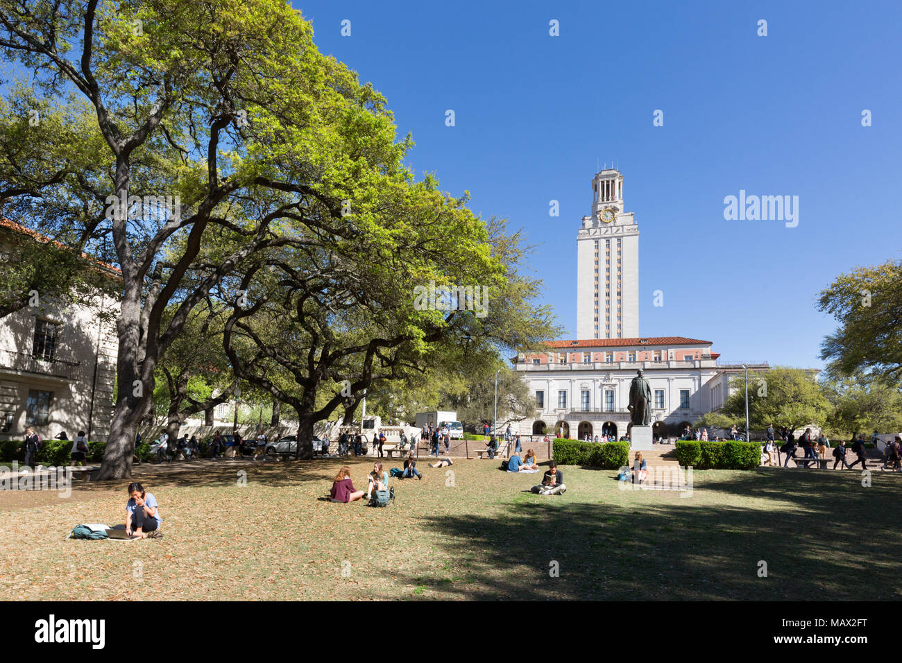 US University; Students reading on the grass in spring sunshine, The university of Texas Austin, Texas USA Stock Photo